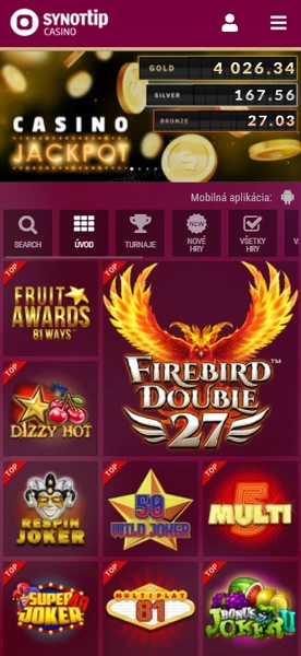Mobilná verzia Synottip Casino