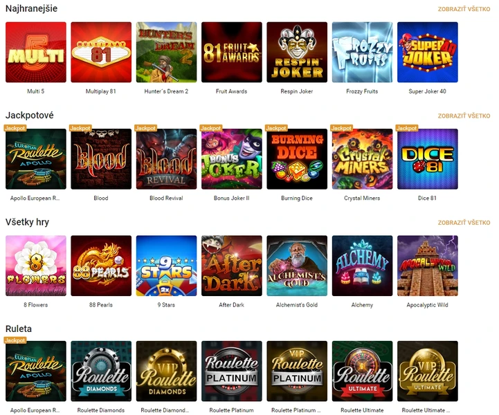 Rozmanitosť hier v Tipsport Casino
