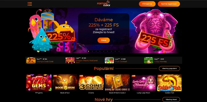 Fortune Clock Bonus 225 % a 45 freespinov