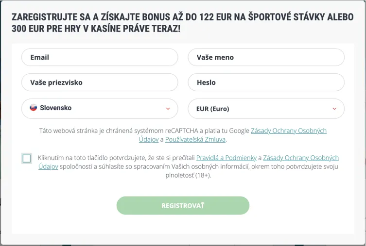 Registrácia na webovej stránke kasína v 22bet casino