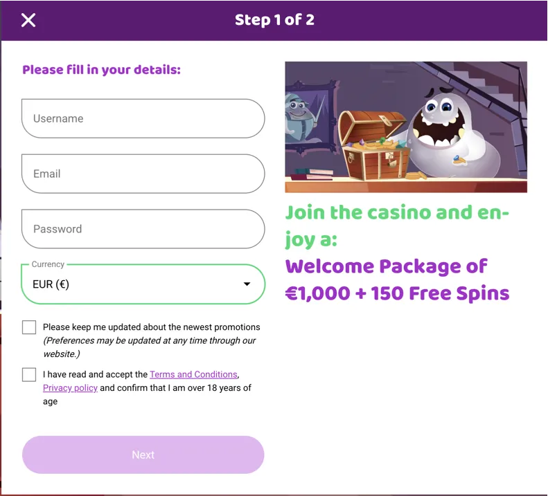 Registrácia na webovej stránke Boocasino