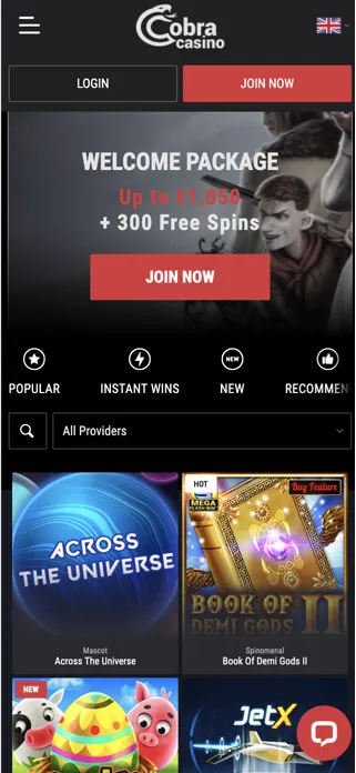 Mobilná verzia Cobra Casino