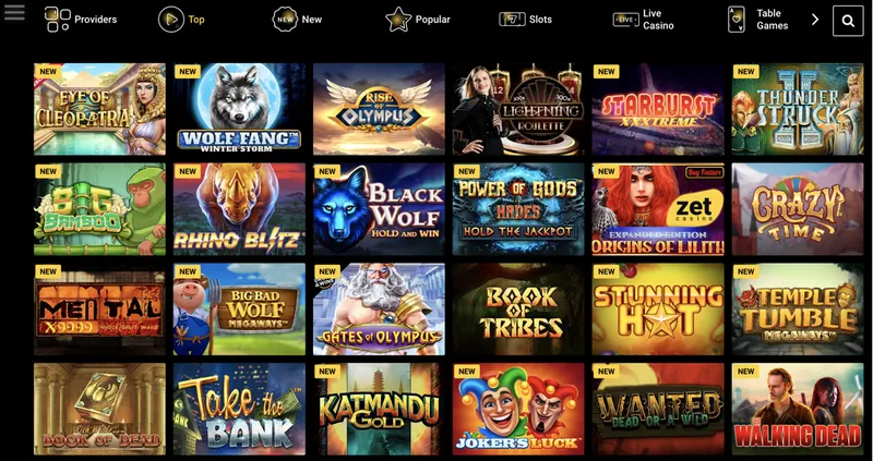 Rozmanitosť hier v Zet Casino