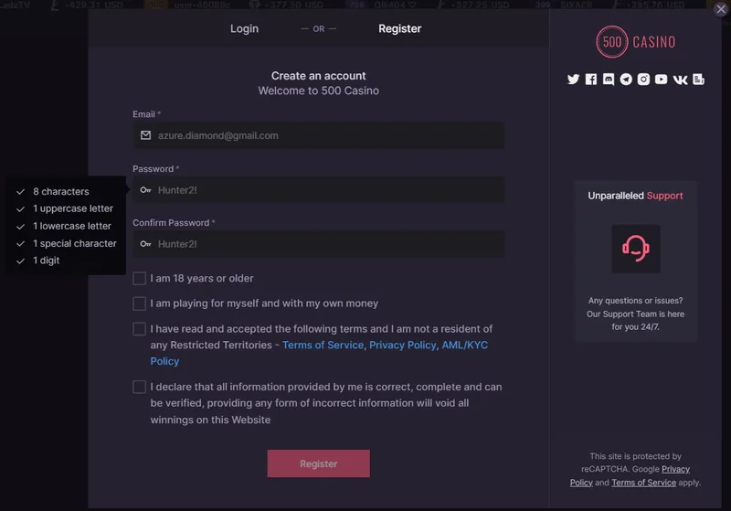 500 Casino - Registrace a přihlášení